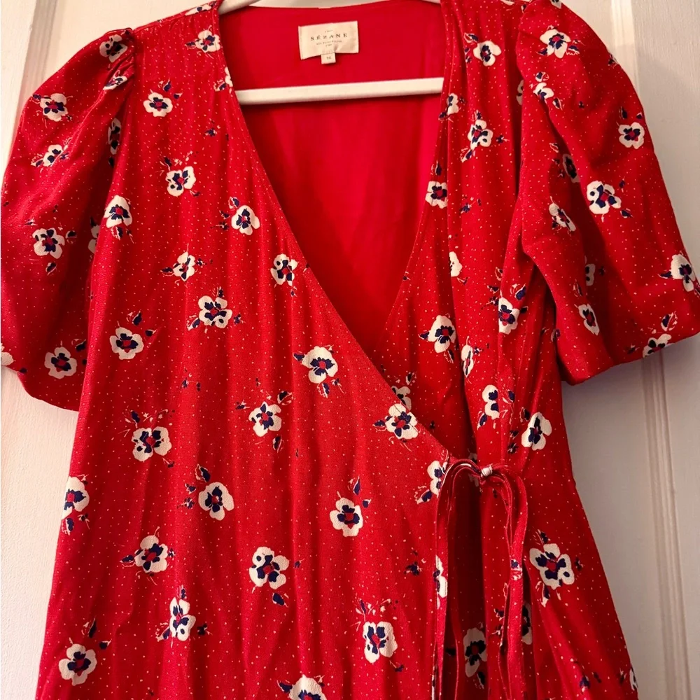 Sezane Laura Wrap Dress in Red Bouquet - Picture 2 of 7
